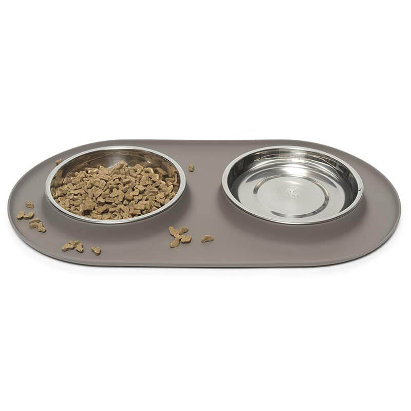 Messy Cats Double Silicone Feeder with Saucer, Grey