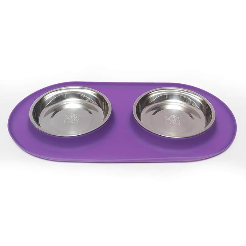 Messy Cats Double Silicone Feeder with Saucer, Purple