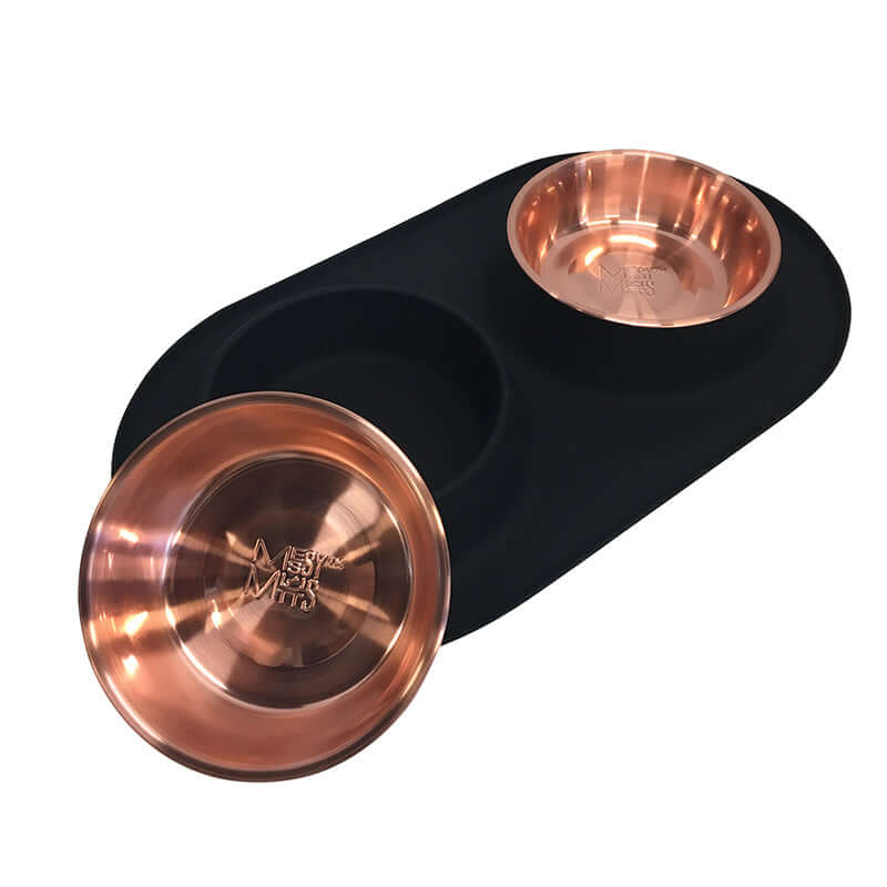Messy Mutts Double Silicone Feeder, Black with Copper Coloured Bowl