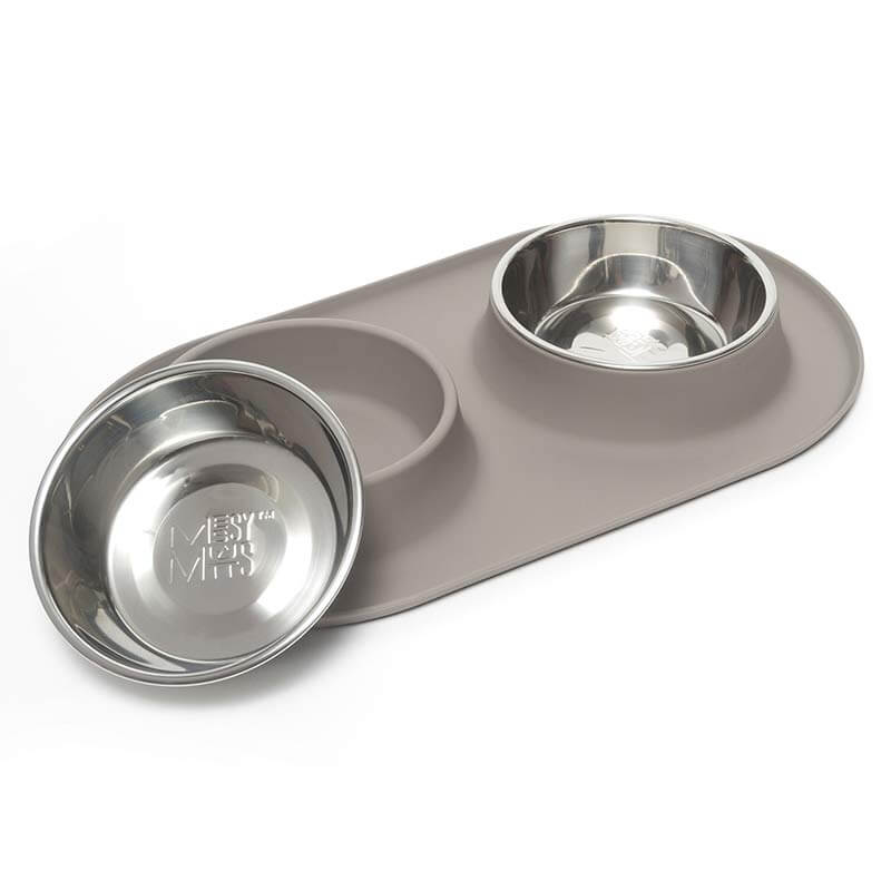Messy Mutts Double Silicone Feeder with Bowl, Grey