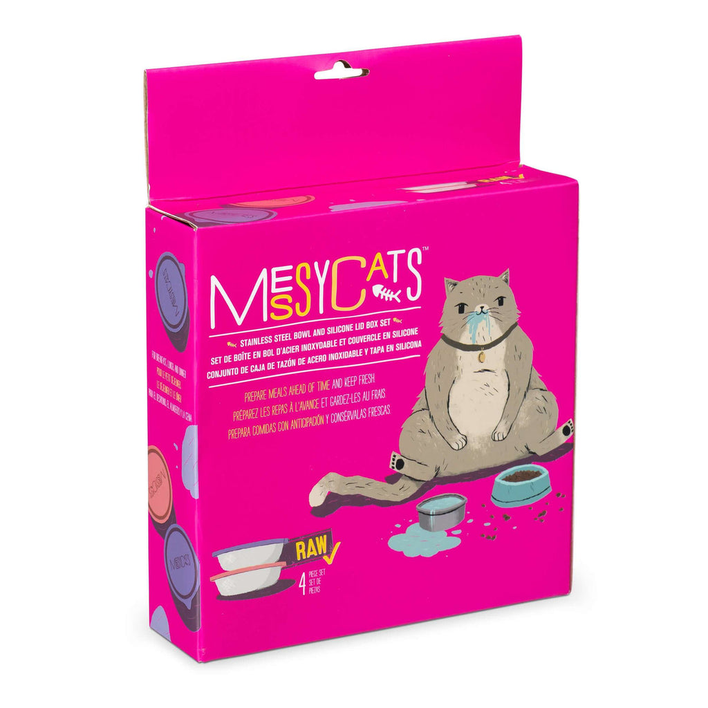 Messy Cats Stainless Steel Cat Saucers & Silicone Lids Set, Freezer Safe